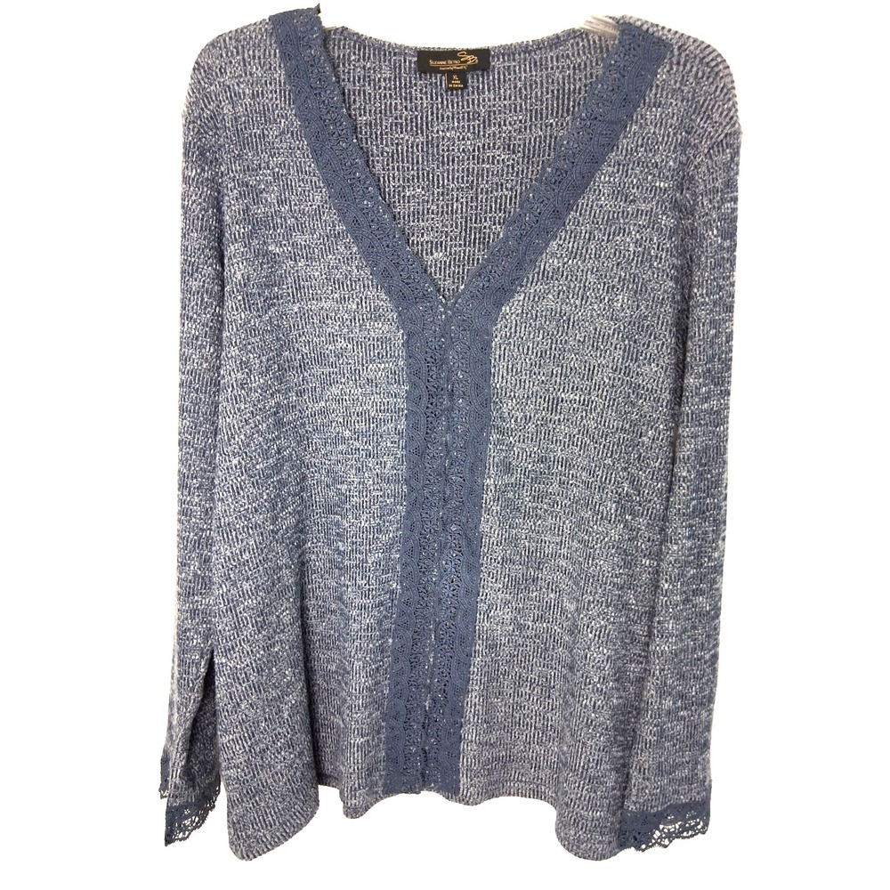 Suzanne Betro Heathered Knit Henley Pullover Top Size XL Crochet‎ Trim Top